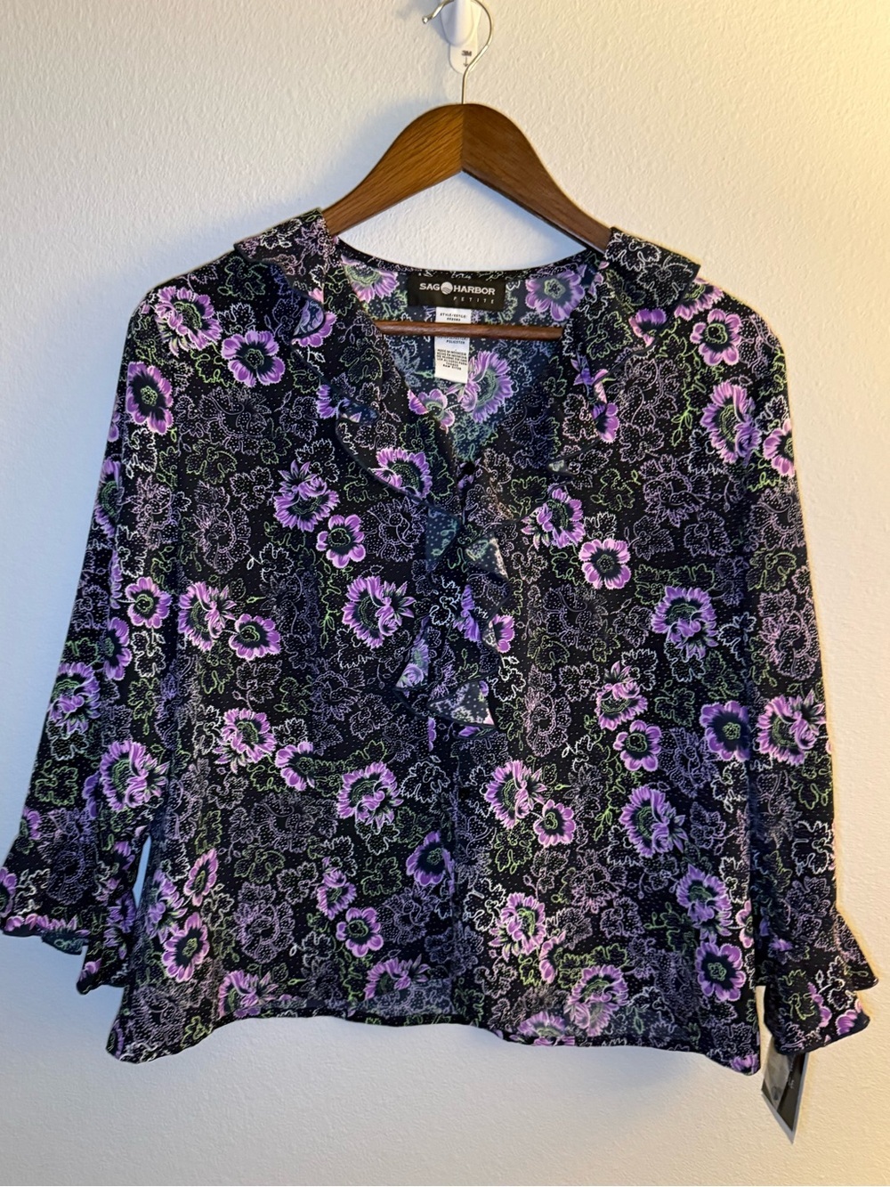 Sag Harbor Navy Blue Floral Ruffle-Front Blouse with Purple Accents